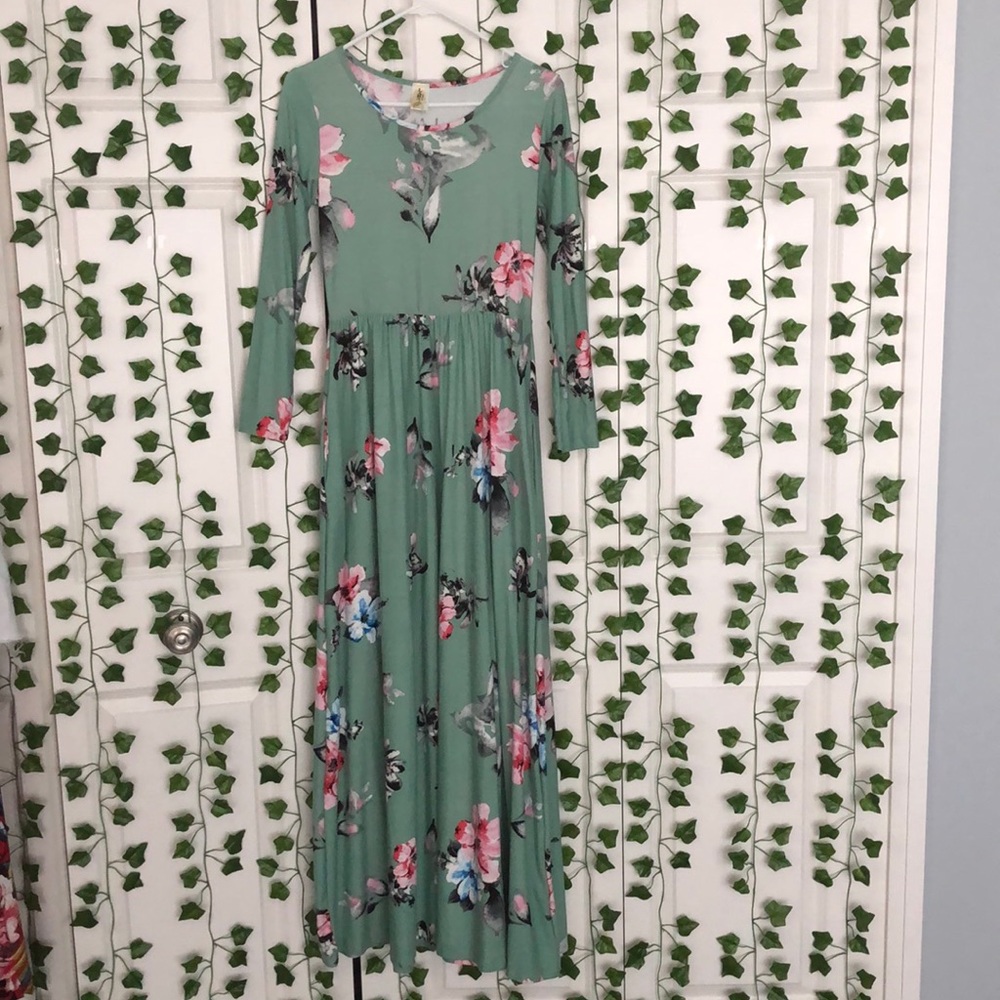 MAXI long sleeve green floral dress